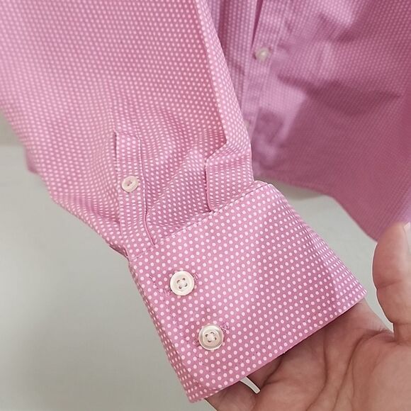 Land's End pink and white dotted button down plus size 18 No Iron Supima - Picture 4 of 9